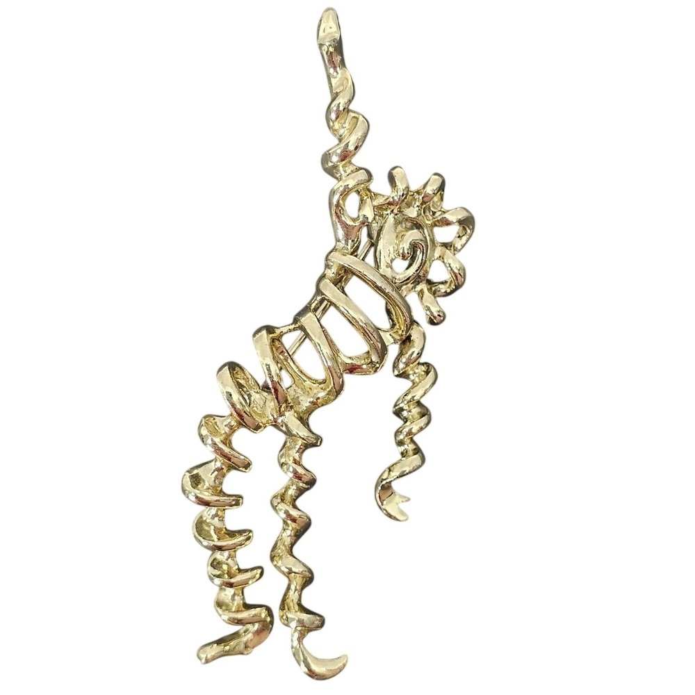 Vintage Gold Tone Abstract Spiral Corkscrew Brooch Whimsical Modernist Pin
